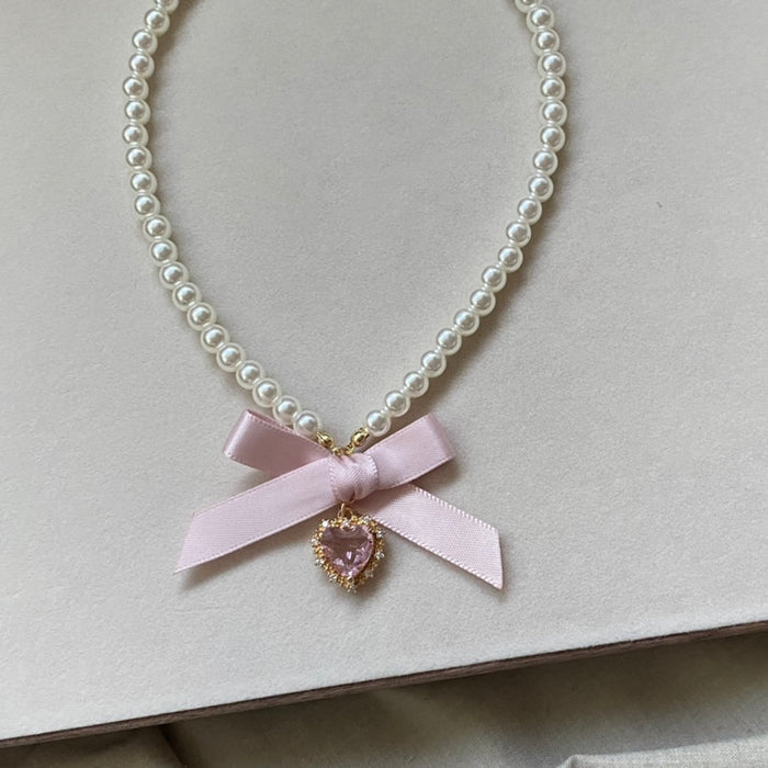 Love Heart Bowknot Pearl Necklace