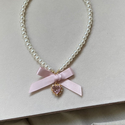 Love Heart Bowknot Pearl Necklace