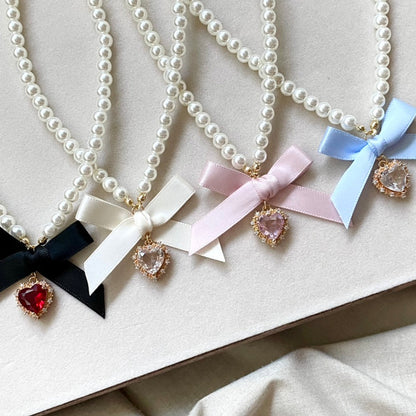 Love Heart Bowknot Pearl Necklace