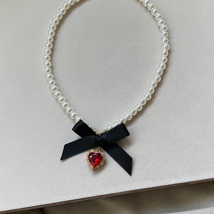 Love Heart Bowknot Pearl Necklace