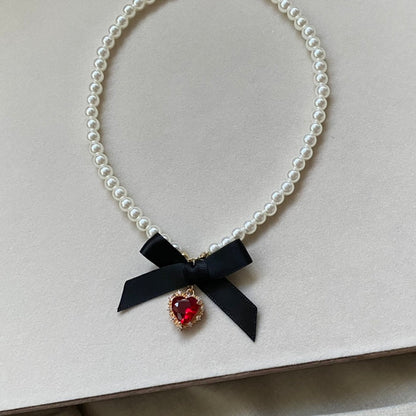 Love Heart Bowknot Pearl Necklace