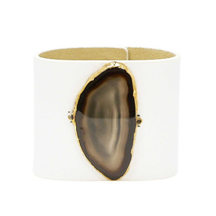 LOVED CUFF - MOONSTONE WHITE LEATHER WITH BROWN AGATE – L.1.03.004.2097