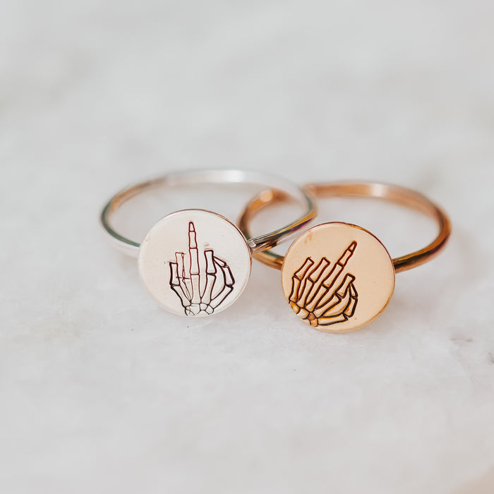 Middle Finger Skeleton Ring: Sterling Silver Halloween Band Salt and Sparkle