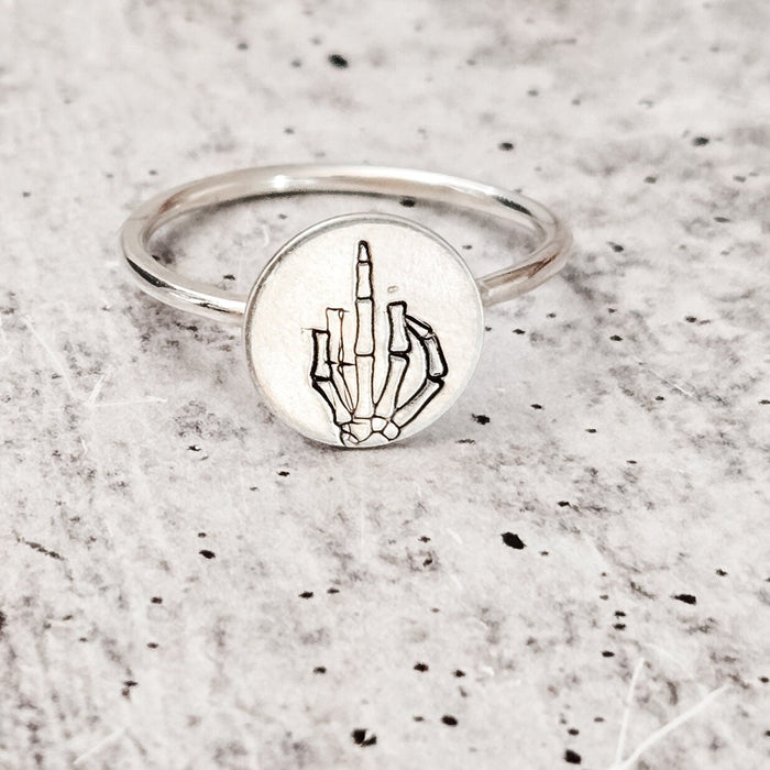 Middle Finger Skeleton Ring: Sterling Silver Halloween Band Salt and Sparkle