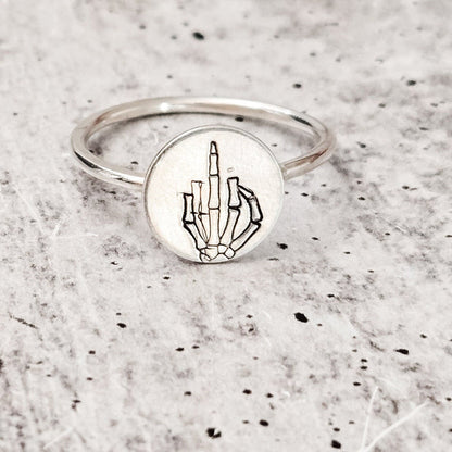 Middle Finger Skeleton Ring: Sterling Silver Halloween Band Salt and Sparkle