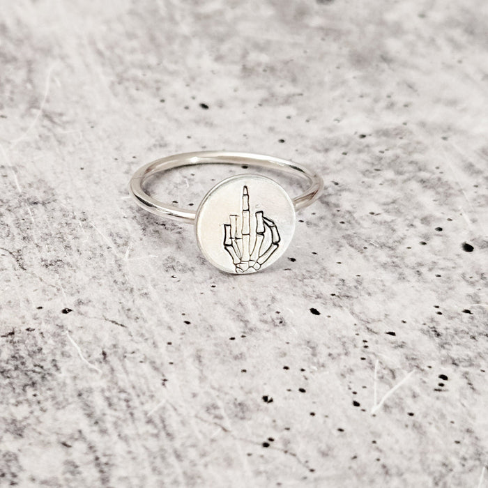 Middle Finger Skeleton Ring: Sterling Silver Halloween Band Salt and Sparkle