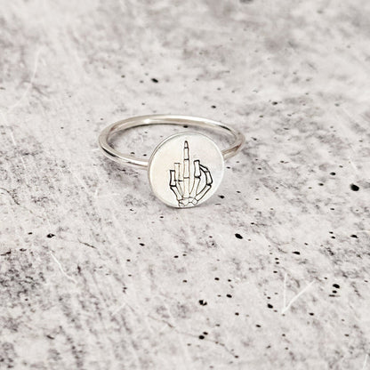 Middle Finger Skeleton Ring: Sterling Silver Halloween Band Salt and Sparkle