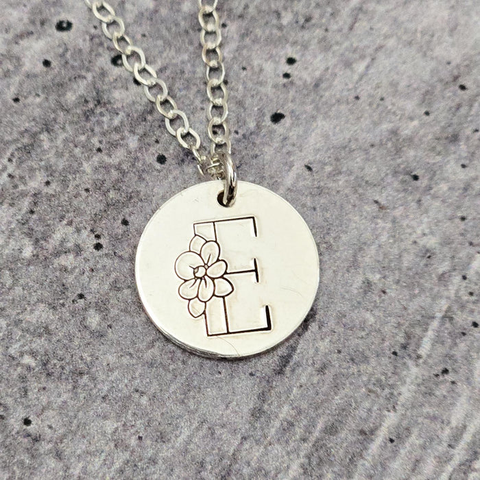 Monogram Initial Necklace - Minimalist Silver Flower Name Charm Necklace Salt and Sparkle