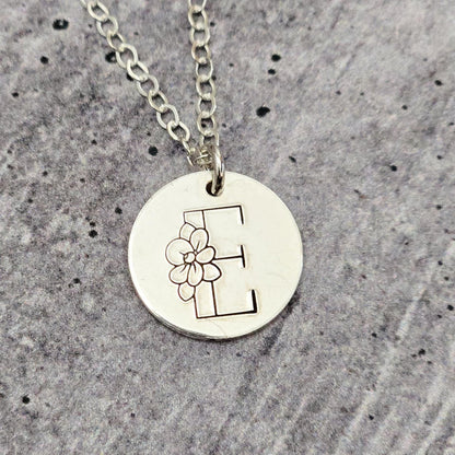 Monogram Initial Necklace - Minimalist Silver Flower Name Charm Necklace Salt and Sparkle