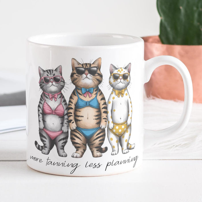 More Tanning Less Planning Funny Teacher Bikini Cats Mug Salt and Sparkle