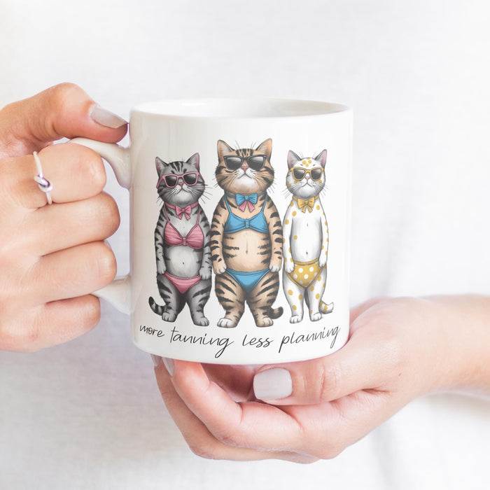 More Tanning Less Planning Funny Teacher Bikini Cats Mug Salt and Sparkle