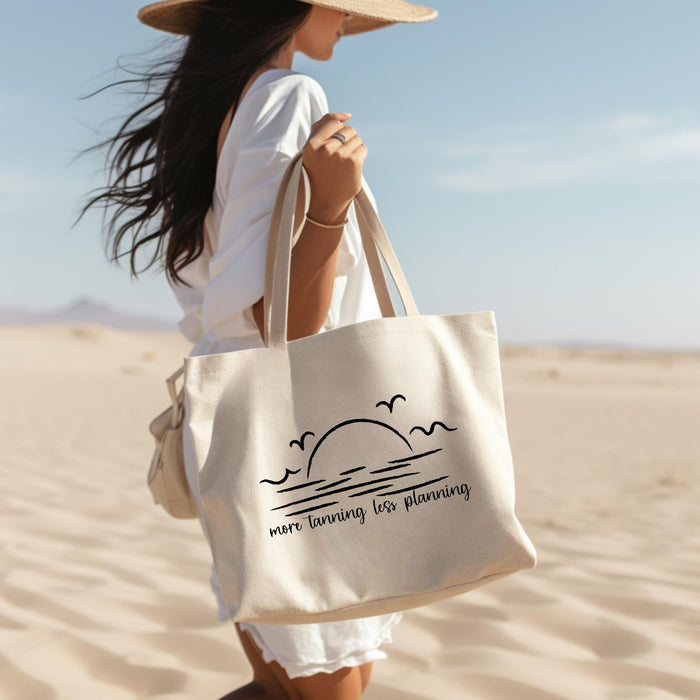 More Tanning Less Planning Personalized Oversized Linen Tote – Funny Teacher Beach Bag – Minimalist Sunset Design – 15x15 Summer Tote Bag Salt and Sparkle