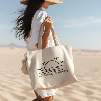 More Tanning Less Planning Personalized Oversized Linen Tote – Funny Teacher Beach Bag – Minimalist Sunset Design – 15x15 Summer Tote Bag Salt and Sparkle