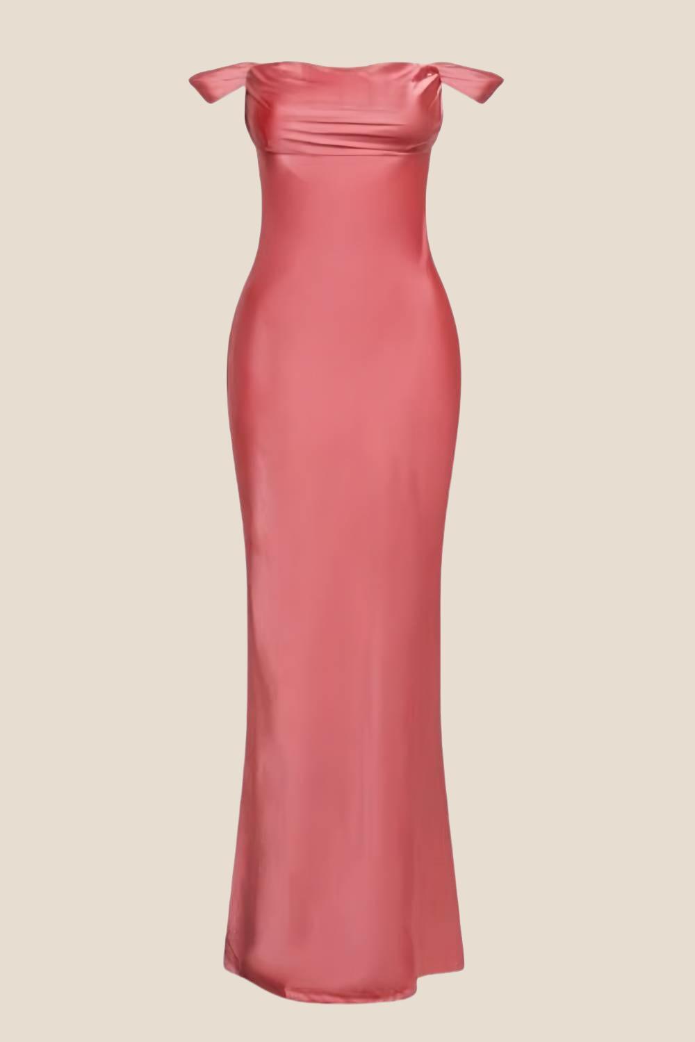 Off the Shoulder Coral Soft Satin Long Dress