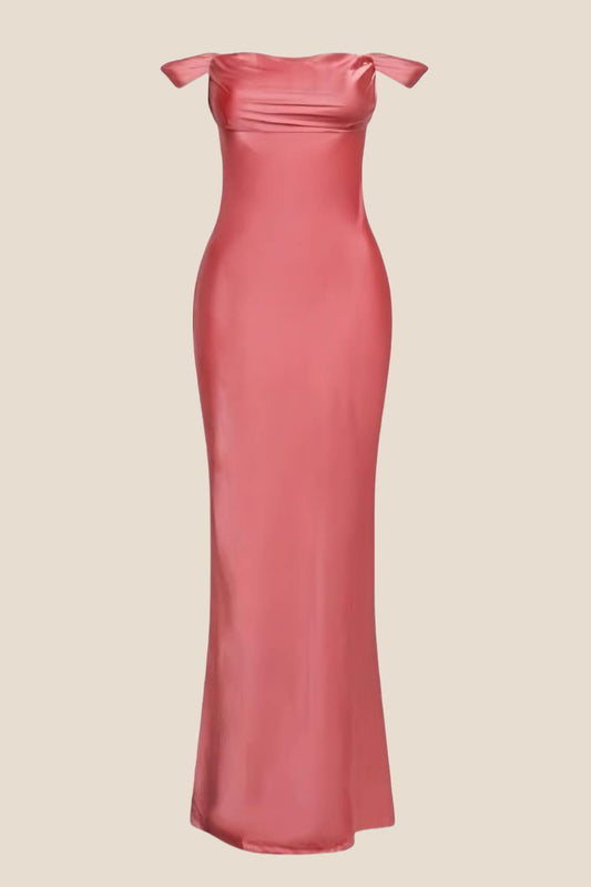 Off the Shoulder Coral Soft Satin Long Dress