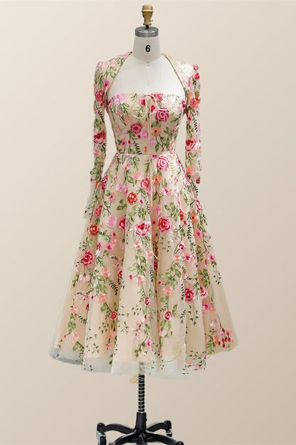 Strapless Floral Tea Length Dress with Jacket