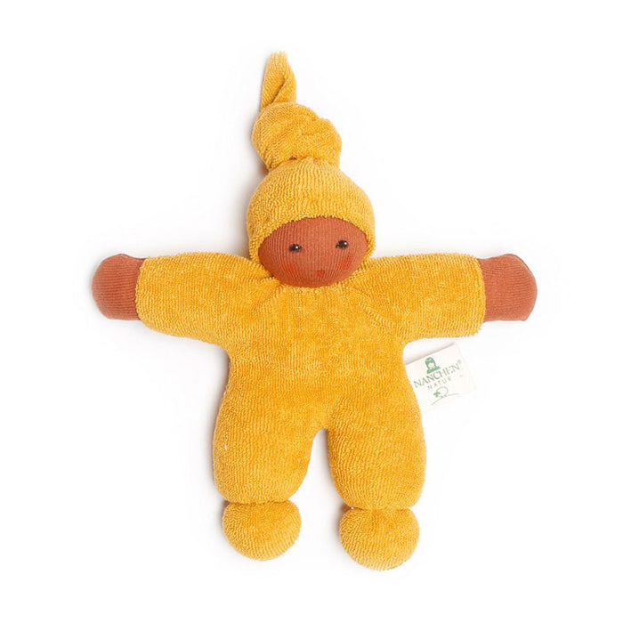 An organic terry cloth baby doll in golden yellow with a certification tag attached.