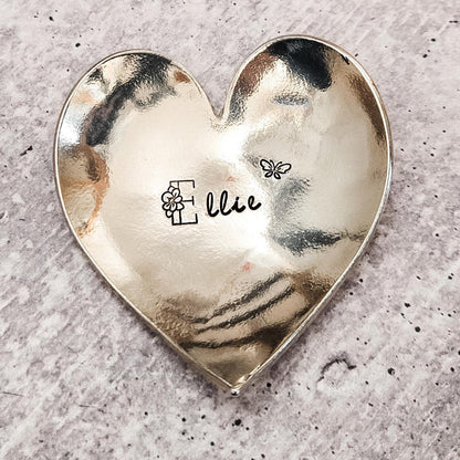 Personalized Heart Shaped Ring Dish - Pewter Initial Trinket Dish for Tween, Jewelry Holder for Girls, Birthday Gift for Her, Bedroom Decor Salt and Sparkle