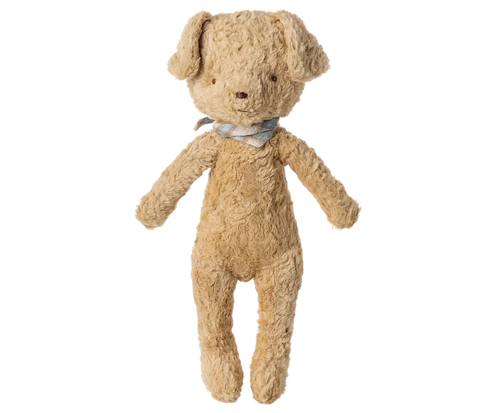 Maileg Plush Dog in Soft Sand on a white background — a soft curly-textured stuffed dog in warm soft sand