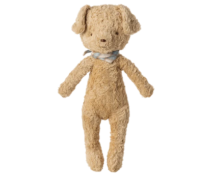 Maileg Plush Dog in Soft Sand on a white background — a soft curly-textured stuffed dog in warm soft sand