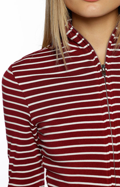 Poppi Burgundy Stripe Double Zip Sweater