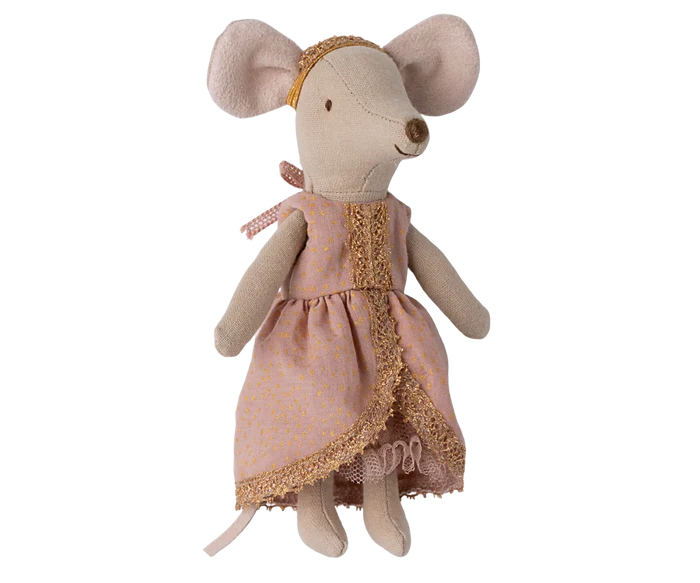 Maileg Princess and the Pea Big Sister Mouse — close-up of cotton princess mouse doll wearing a blush pink polka dot dress with gold metallic lace trim and a gold headband