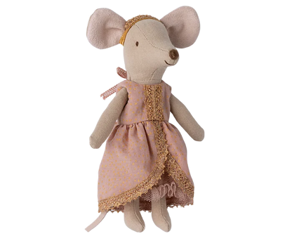 Maileg Princess and the Pea Big Sister Mouse — close-up of cotton princess mouse doll wearing a blush pink polka dot dress with gold metallic lace trim and a gold headband