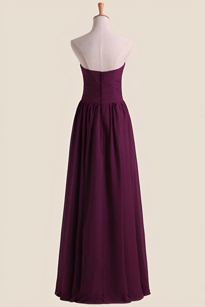 Strapless Grape Pleated Chiffon A-line Long Bridesmaid Dress
