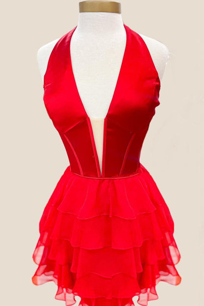 Halter Red Chiffon Ruffle Short Princess Dress