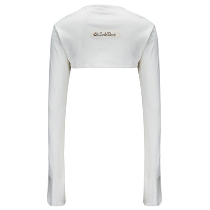 Back view of adult scratch sleeves with anti scratch mitt in shape of model, without model. Color is white. Logo if visible across back.