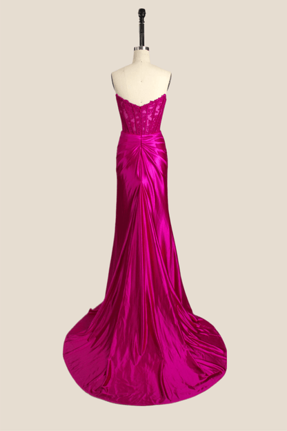 Strapless Fuchsia Lace Mermaid Formal Dress