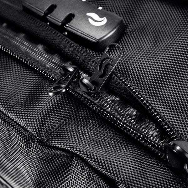 Rugged Storage Element Backpack: Skunk Bags, odor-proof, carbon lining, organized compartments, water-resistant, adjustable straps.