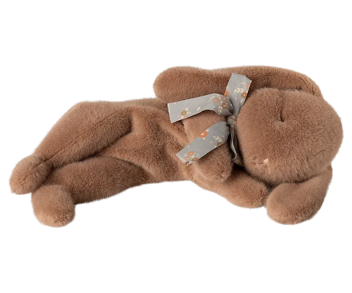 Maileg Small Sleeping Plush Bunny in Soft Brown on a white background — a velvety-soft warm brown stuffed bunny lying flat with a peaceful closed-eye expression and a delicate blue floral ribbon bow