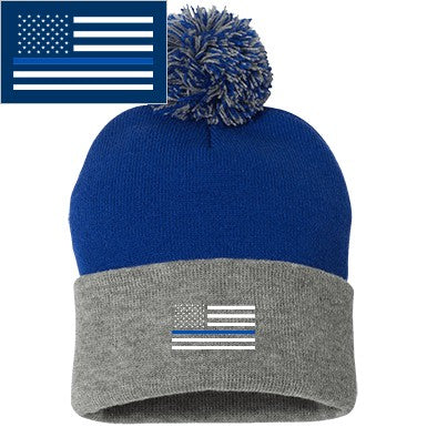 Thin Blue Line Pom Pom Beanie