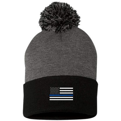 Thin Blue Line Pom Pom Beanie