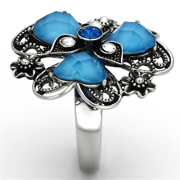 Thin Blue Line Sea Blue Flower Stainless Steel Ring