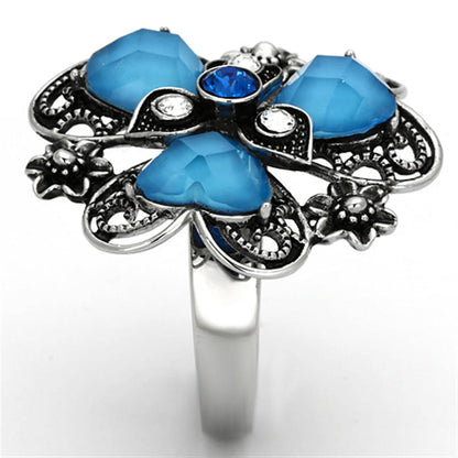 Thin Blue Line Sea Blue Flower Stainless Steel Ring
