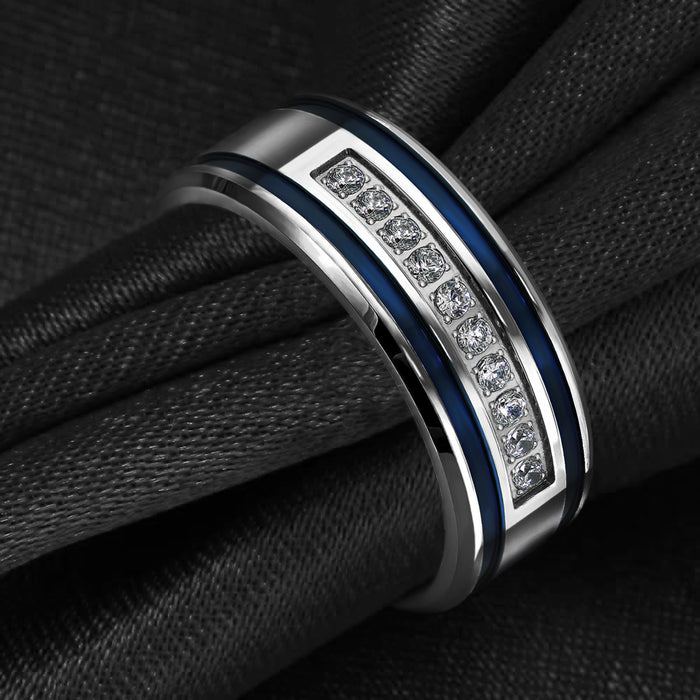 Thin Blue Line Stainless Steel CZ Blue Stripes Ring