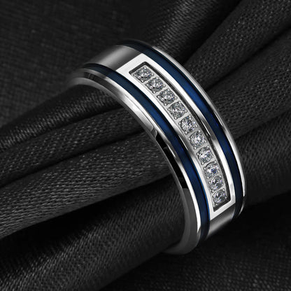 Thin Blue Line Stainless Steel CZ Blue Stripes Ring