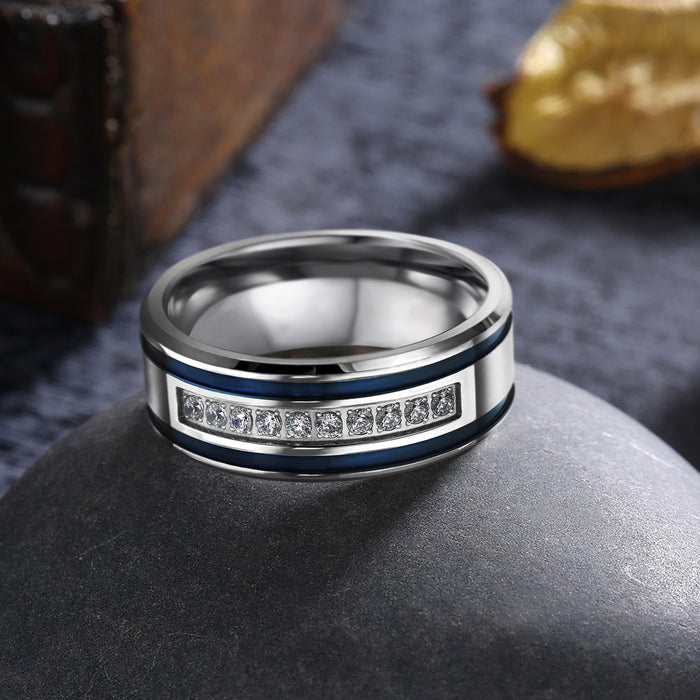 Thin Blue Line Stainless Steel CZ Blue Stripes Ring