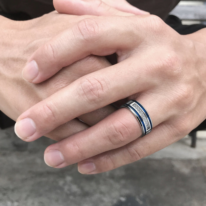 Thin Blue Line Stainless Steel CZ Blue Stripes Ring