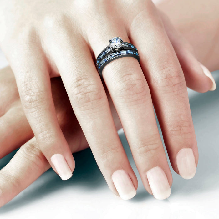 Thin Blue Line Women's Clear & Light Blue CZ Rings Set
