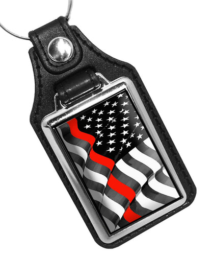 Flowing Thin Red Flowing Flag for Firefighters Design Faux Leather Key Ring