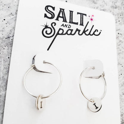 Tiny Initial Hoop Earrings Salt and Sparkle