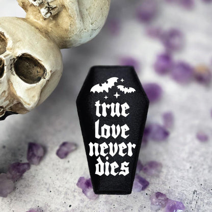 True Love Never Dies Black Velvet Coffin Ring Box - Coffin Jewelry Box for Halloween Wedding Salt and Sparkle