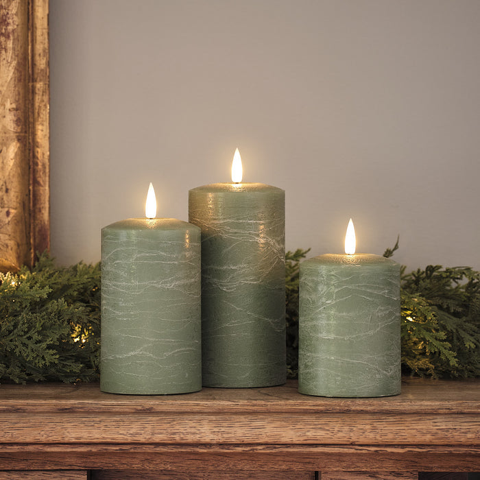 TruGlow® Green Distressed LED Pillar Candle Trio with Remote Control