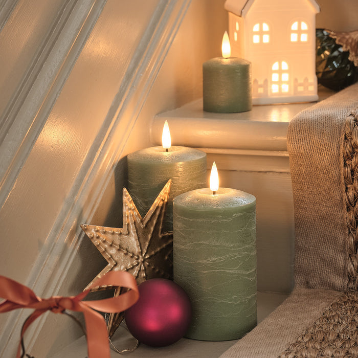 TruGlow® Green Distressed LED Pillar Candle Trio with Remote Control