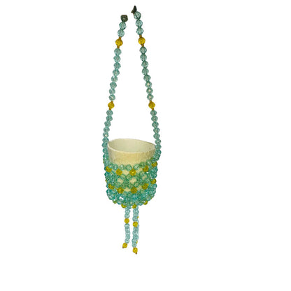 Vintage 1980s Handmade Beaded Plant Hanger — Aqua & Yellow Faceted Beads