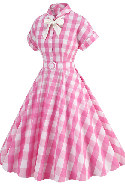 Notched Collar Pink Plaid Gingham Swing Dress
