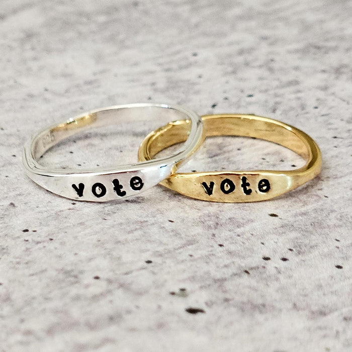 Hand Stamped 'Vote' Ring: Sterling Silver or Gold Plated Salt and Sparkle